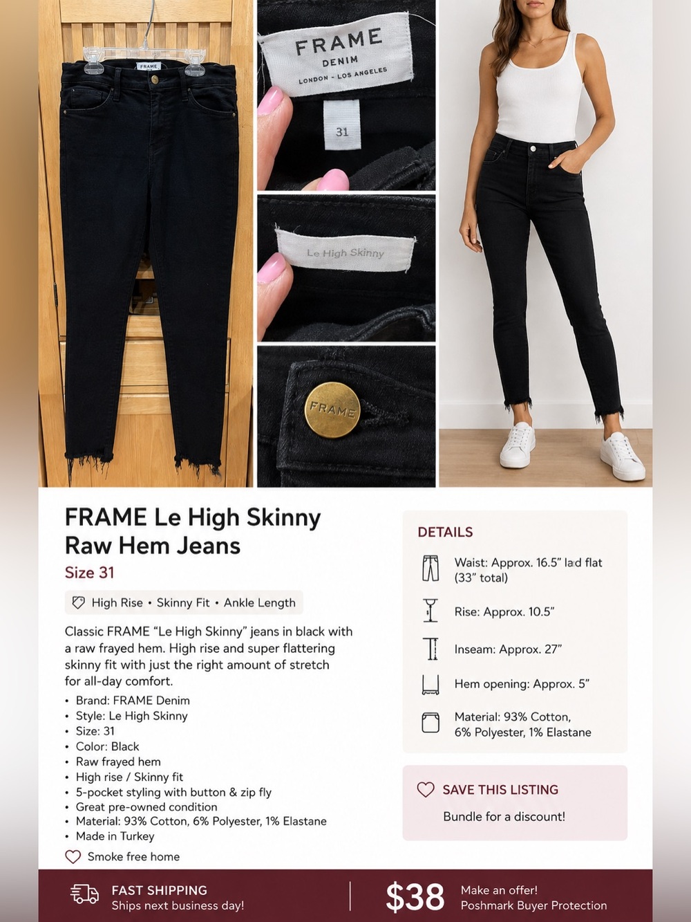 Frame Denim Le High Skinny Jeans — Black with Raw Hem